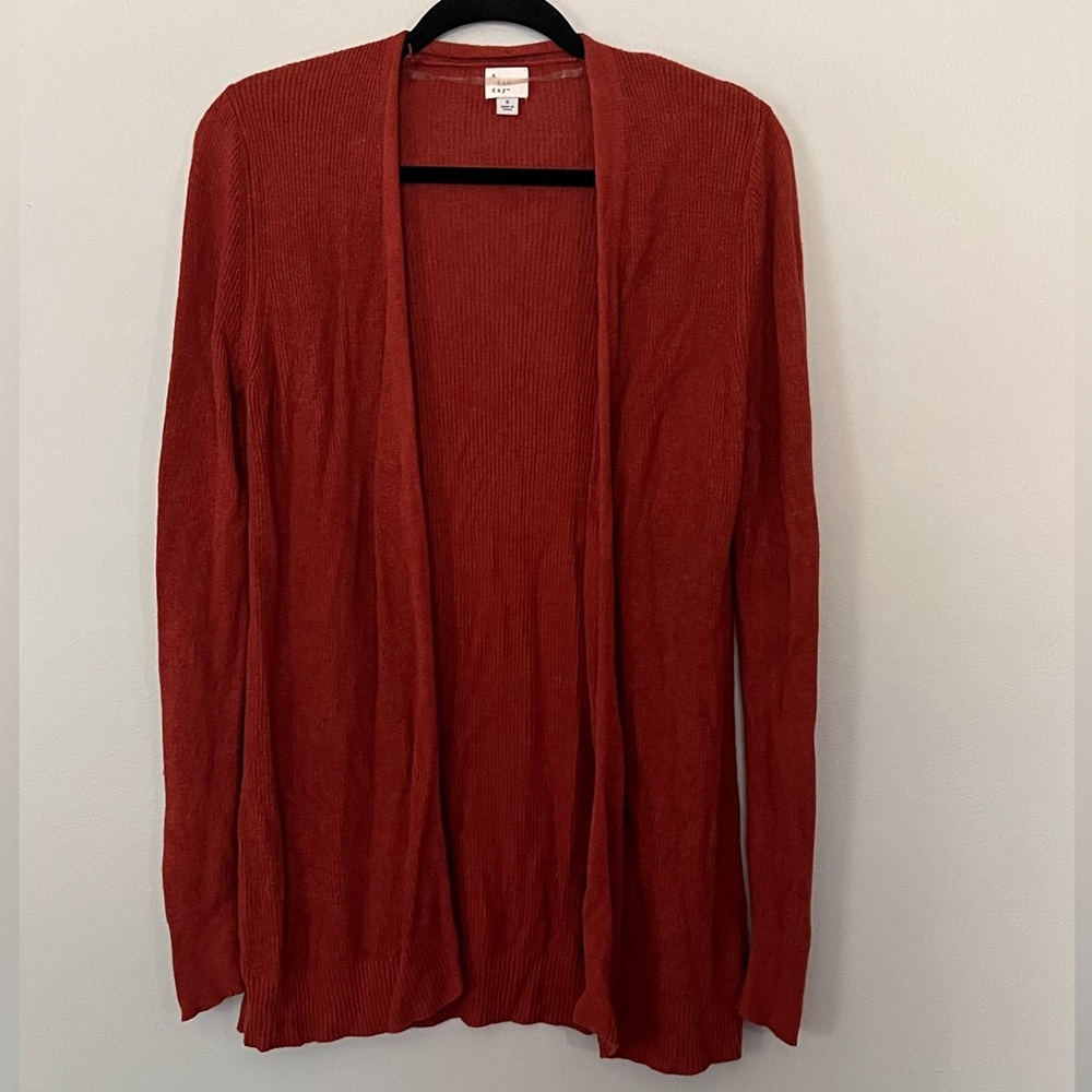 Long Cable Knit Open Front Duster Cardigan Rust Orange Size Small